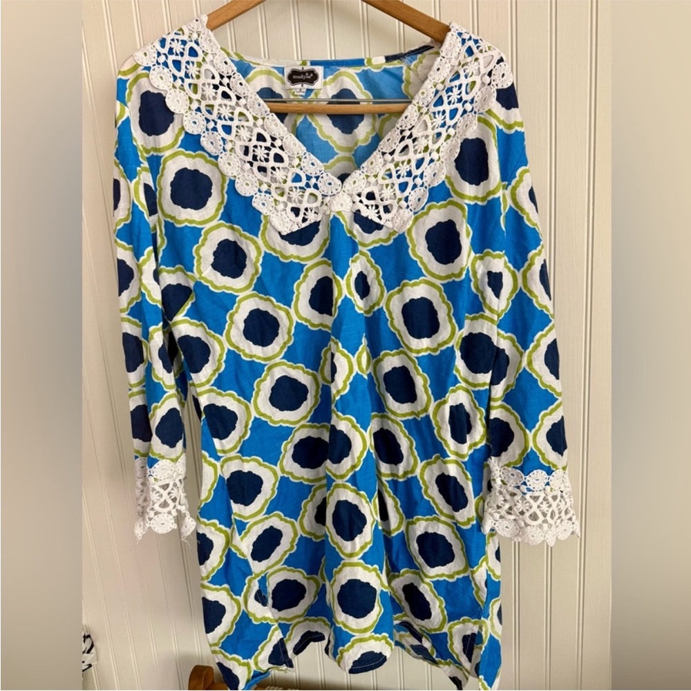 Mud Pie Beach Tunic Size Large Blue and White